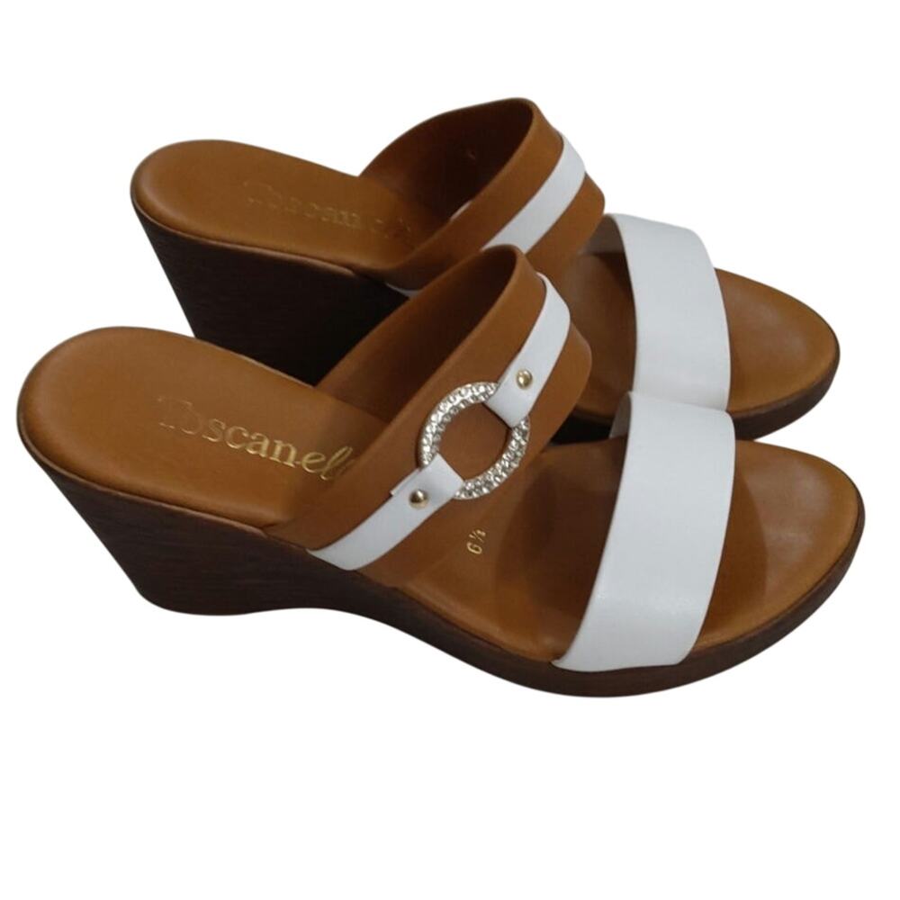 Toscanella Made In Italy wedge sandalssize 6.5 white straps rhinestone buckle 